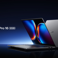 Hero del Xiaomi Redmibook 16 Pro 2026, vista inclinada con resplandor azul y branding REDMI